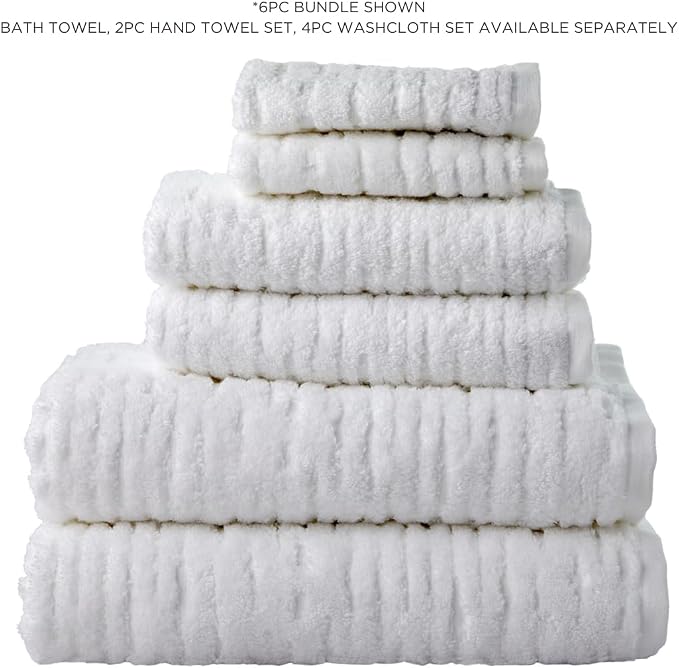 SKL Home CloudSoft Bath Towel Set, 6-Piece, 100% Cotton Luxury, White | 2 Bath towels, 2 hand towels, 2 washcloths. Premium spa-level quality. 600/520 GSM weight. Ultra plush & absorbent.