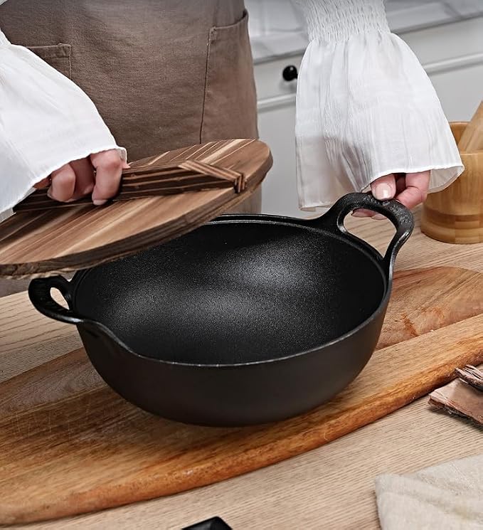 Cast Iron Wok with Dual Handle, Pre-Seasoned Stir-Fry Pans (Wok with Lid 10 inch)