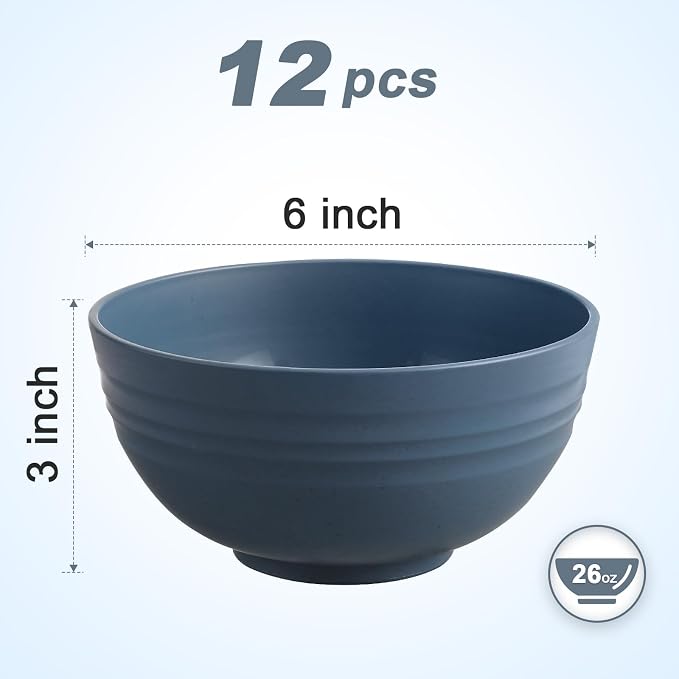 HEYCOME 12 Pcs Unbreakable Cereal Bowls Set, 26 Oz Wheat Straw Bowls Set, Microwave & Dishwasher Safe Bowls for Kitchen, Reusable Plastic Bowls for Soup, Salad and Snack, BPA Free, Dark Blue