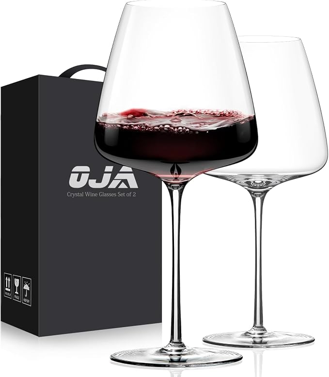 OJA Wine Glasses Set, Crystal Hand Blown Red Wine Glass Set of 2, 23 oz | Long Stem, Unique Large Design, Best for Wine tasting, Birthday, Christmas, Anniversary