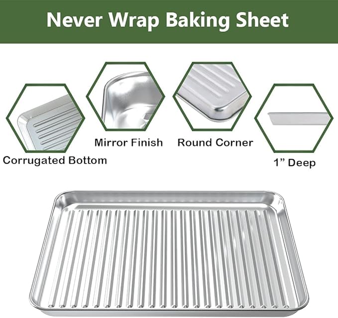 Half Baking Sheet Pan Cooling Rack Set, Stainless Steel 2 Pans + 2 Racks | 18x12x1 Inches Baking Sheet Pan with Nonstick, Warp Resistant, Heavy Duty Design for Baking, Roasting, and Cooking