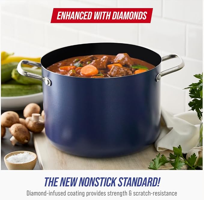 Blue Diamond 8QT Diamond Infused Ceramic Nonstick Stockpot with Lid, Blue | PFAS-Free Ceramic Nonstick Multipurpose Pot, Dishwasher & Oven Safe, Durable Metal Utensil Safe, Soups, Glass Lid