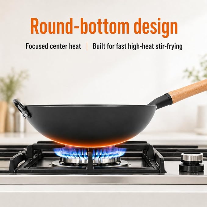 WANGYUANJI 13.4 Inch Round Bottom Carbon Steel Wok, Nitrided Iron Chinese Stir Fry Pan for Gas Wok Burner, Wok Ring Needed for Flat Gas Grates, Wooden Handle
