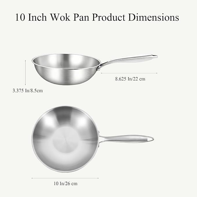 Inqibee 10 Inch Stainless Steel Wok Pan with Lid, Riveted Handle | Uncoated Tri-Ply Stainless Steel Stir Fry Pan, Everyday Cooking Wok for Induction, Flat Bottom, Dishwasher & Oven Safe