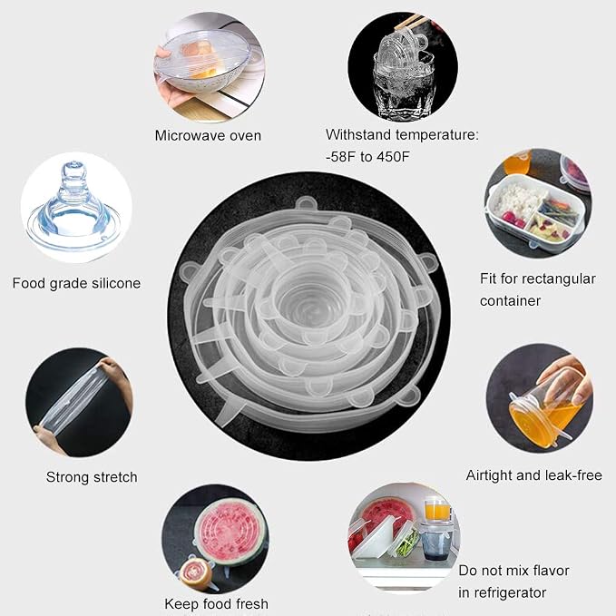 Longzon Silicone Stretch Lids 14 Pack Include 2Pcs Size up to 9.8'' Dia | 7 Different Sizes to Meet 2.6"-9.8''Dia, Reusable Durable Food Storage Covers for Bowl, Containers,Dishwasher & Freezer Safe
