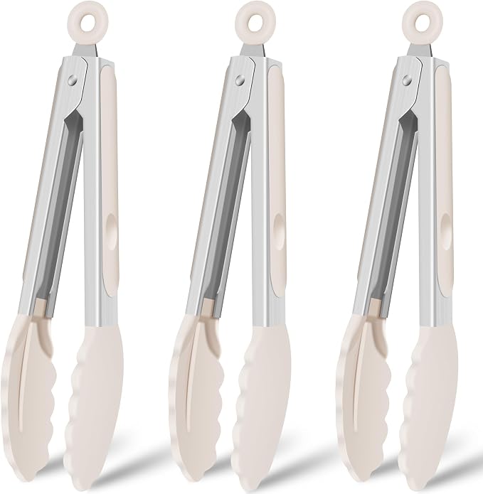 Hotec Silicone Serving Tongs for Cooking 9-Inch Kitchen Tongs with Silicone Tips, Set of 3 (Khaki)