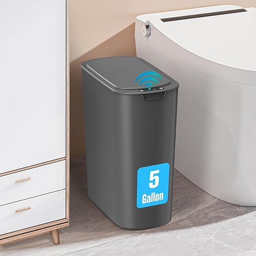 Cesun 5 Gallon Automatic Bathroom Trash Can with Lid, Grey, Touchless | Motion Sensor, Slim, Small Smart Garbage Bin, Plastic, Battery Operated, Manual Button, for Office/RV/Bedroom/Living Room