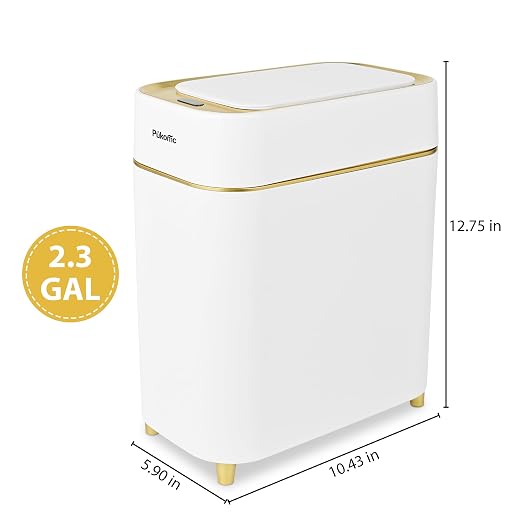 Pukomc 2.3 Gallon / 9L Automatic Adsorption Sensor Trash Can | White Gold Motion Sensor Garbage Bin with Suction, Slim Fashionable Design for Kitchen, Bathroom, Office & Small Space
