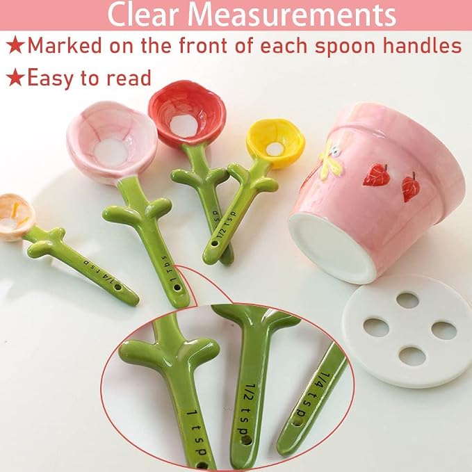 Flower Measuring Spoons Set in Pot Unique Baking Gifts Ceramic Cute Measuring Cups and Spoons with Holder for Dry Wet Ingredients Dishwasher Safe Pink