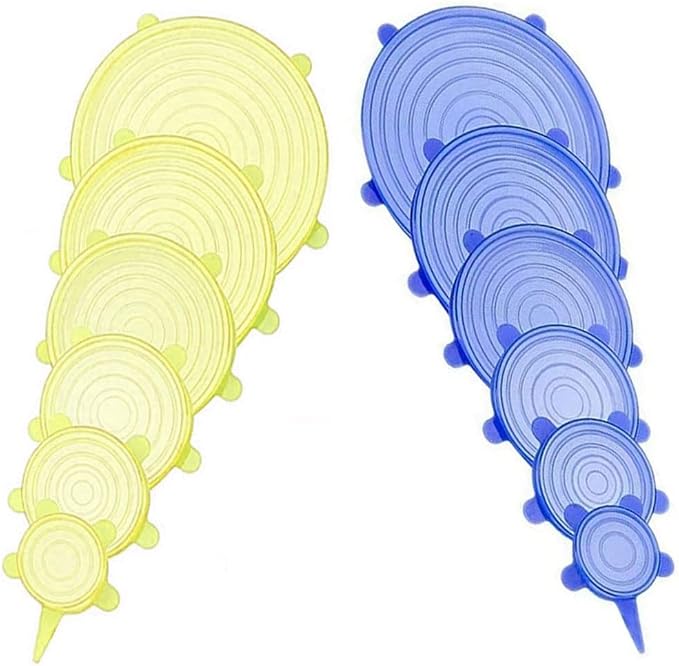 12 pcs Silicone Stretch lids set, 6 Sizes, Reusable Food Storage Covers ，Silicone Bowl Covers，Flexible to Fit All Shape of Containers, Food Cover to Keep Food Fresh (blue,yellow)