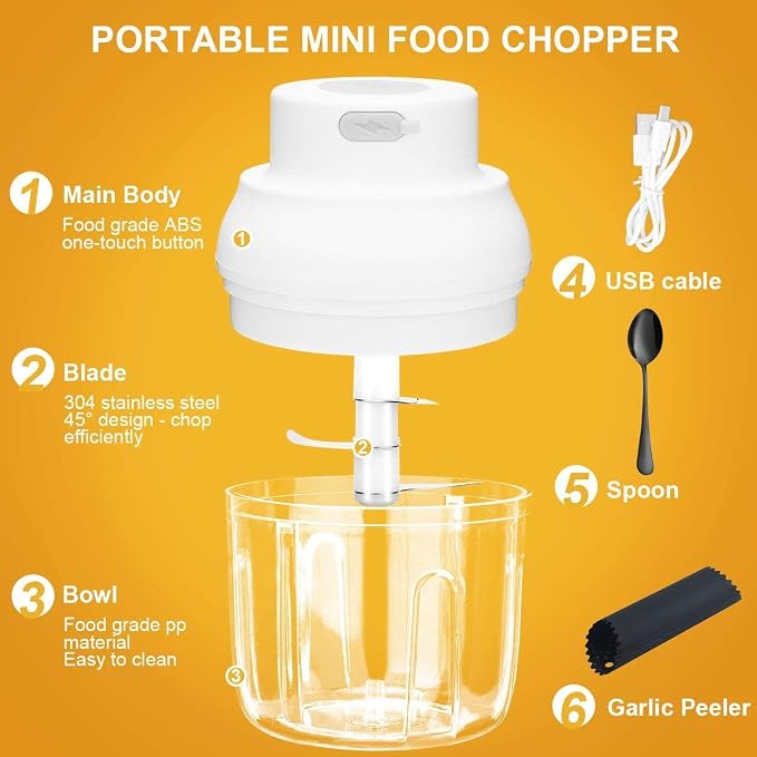Electric Garlic Chopper Mini, Garlic Masher Crusher, Food Processor Small with Garlic Peeler And Spoon (250ML/8.5FL OZ, White)