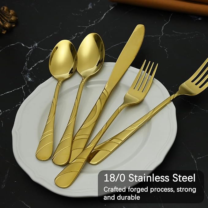 40-Piece Gold Silverware Set for 8, 18/0 Frosted & Mirror Finish Stainless Steel Vintage Flatware Set, Modern Cutlery Set for Home Wedding Restaurant Housewarming Party Event Serving For 8