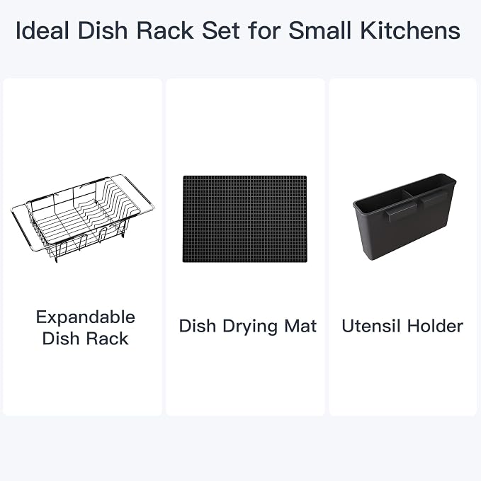 Dish Drying Rack Over The Sink with Utensil Holder, Mat | Expandable Stainless Steel Dish Drainer for Small Kitchen, Apartment, RV, Counter Space Saving, Perfect Fit, Rustproof