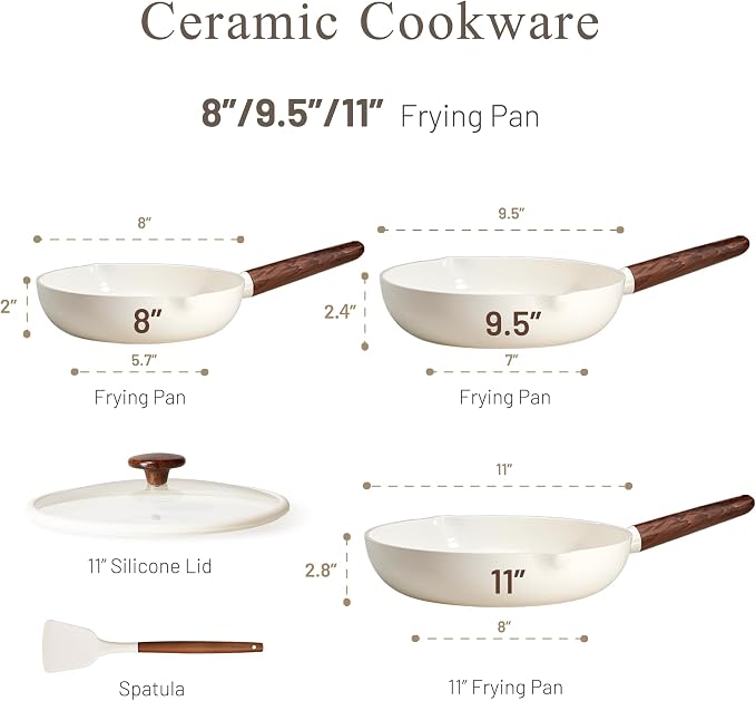 CAROTE Nonstick Frying Pans Skillets, 5 PCS Ceramic Coating Pans Set | Non-toxic Healthy & PFOA Free, Induction Compatible, 8+9.5+11 Inch with Colander Lid and Spatula, Cream White
