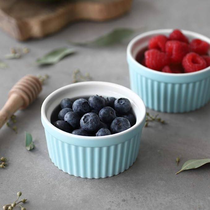 DOWAN 4 oz Ramekins for Creme Brulee, Porcelain Ramekin Oven Safe, Classic Style Ramekins for Baking Souffle Dishes Small Bowls Custard Cup, Set of 6, Blue