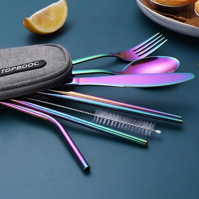 Portable Stainless Steel Flatware Set, Travel Camping Cutlery Set, Portable Utensil Travel Silverware Dinnerware Set with a Waterproof Case (Rainbow)