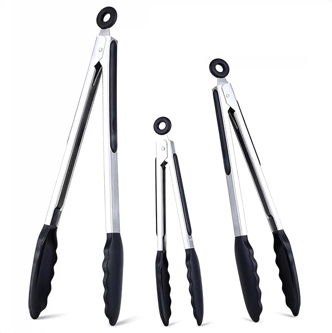 7/9/12 Inch Kitchen Tongs Set of 3, Cooking Tongs with Silicone Tips | For Cooking/Serving/Grilling | Heat-Resistant | Food-Grade Material | Dishwasher Safe | Black