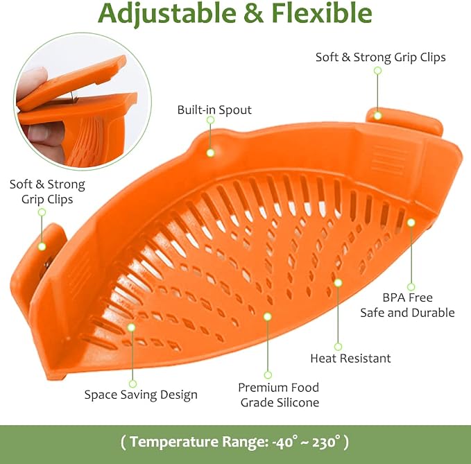 YEVIOR Clip on Strainer for Pots Pan Pasta,Silicone Food Pan Strainer | Food-grade BPA-free,Kitchen Food Strainer for Spaghetti, Pasta,Vegetable Fruits Fits All Bowls and Pots,Orange