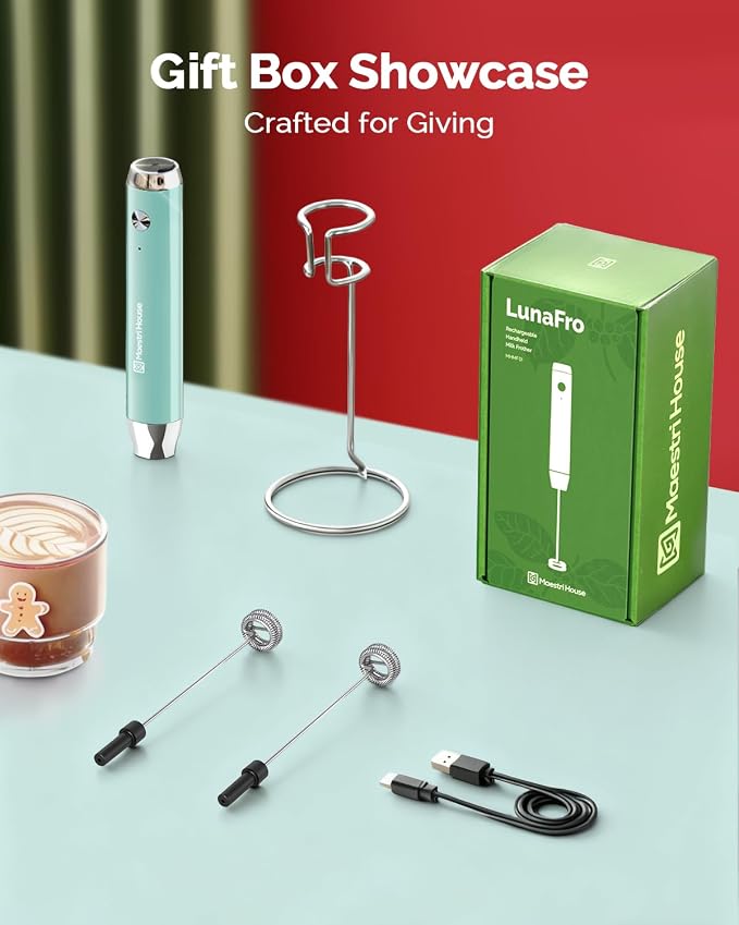 Maestri House LunaFro Rechargeable Milk Frother,Stand & 2 Detachable Whisks | 8000RPM Turbo Motor, 1200mAh lithium battery, Handheld Milk Frother for Lattes, Cappuccino, Matcha & Powdered Supplements