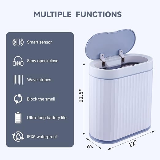 ELPHECO Bathroom Trash Can with lid 2.5 Gallon Motion Sensor White and Gray | Slim Wastebasket, Automatic Trash Bin Bathroom Decor for Bedroom and Office