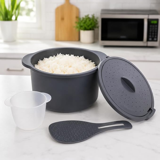 Microwave Rice Cooker and Grain Steamer 2.3L with Paddle and Measuring Cup | 2.3L microwave cooker for rice, grains and vegetables with locking vented lid, paddle and measuring cup