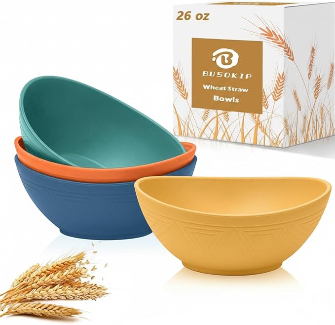 Wheat Straw Bowls Set 26 OZ, Unbreakable Cereal Bowl 4 Pack, Bowls for Kitchen, Microwave Safe Plastic Bowls Reusable, Serving Bowls Set for Dinner, Cereal, Salad, Oatmeal, Soup (Matte Multi)