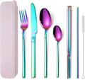 AARAINBOW 7 Pieces Stainless Steel Flatware Set Portable Reusable Cutlery Set Travel Utensils Set Including Chopsticks Knife Fork Spoon Straws Cleaning Brush Dishwasher Safe (Multicolored)