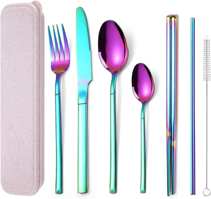 AARAINBOW 7 Pieces Stainless Steel Flatware Set Portable Reusable Cutlery Set Travel Utensils Set Including Chopsticks Knife Fork Spoon Straws Cleaning Brush Dishwasher Safe (Multicolored)