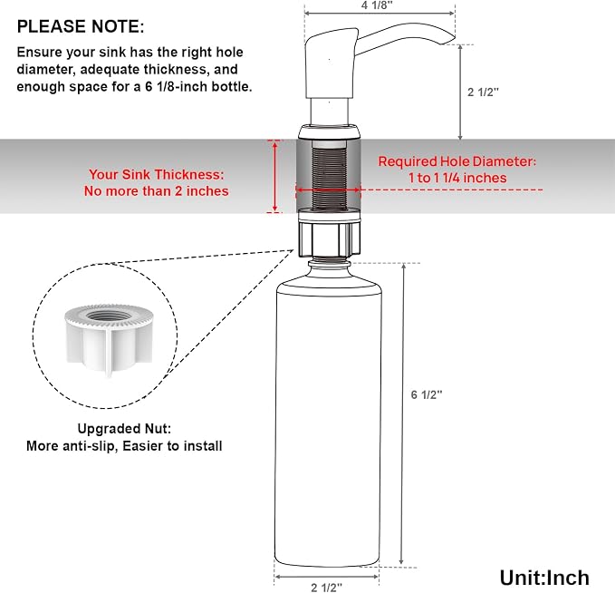 Dish Soap Dispenser for Kitchen Sink, 17 oz Bottle, Matte Black | Refills From The Top, No-Leak ABS Pump, DIY Installation, 360° Swivel, Fits 1–1.5 in Sink Holes; for Dish Soap or Lotion