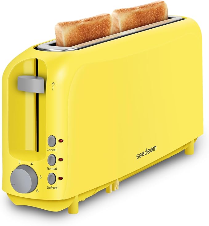 SEEDEEM 2 Slice Slim Toaster, 10" Long Slot, 6 Shade Settings, Yellow | Long Slot, 6 Shade Settings, Cancel/Reheat/Defrost, Removable Crumb Tray