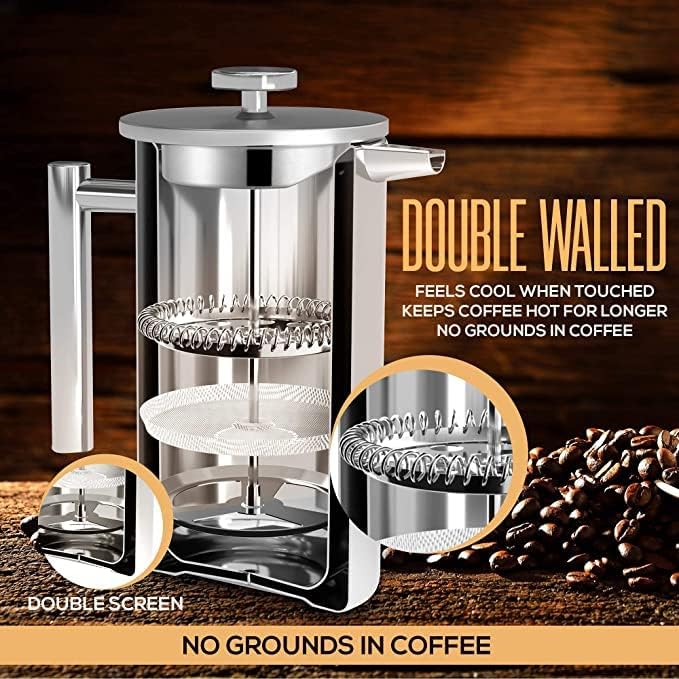 Utopia Kitchen 304 Grade Stainless Steel French Press 50 Oz, Silver | Double Wall Insulated Coffee Press with 4-Level Filtration System, Include 2 Extra Filters, Rust-Free, Dishwasher Safe