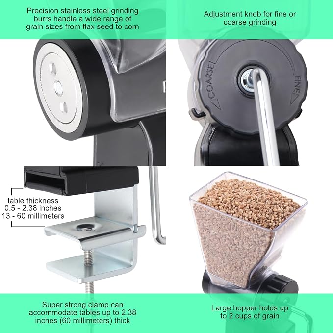 Kitchen Crop Hand Crank Grain Mill Wheat Flour Grinder, Stainless Steel Metal Burrs (The Grain Mill)