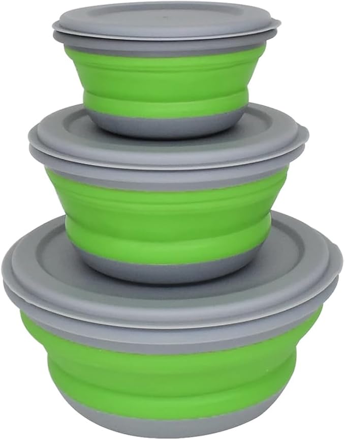 Collapsible Bowls, 3pcs Food Grade Silicone Camping Bowl Salad Bowl with lids, Portable Expandable Lunch Box Food Storage Container for Camping Travel and Picnic,Green
