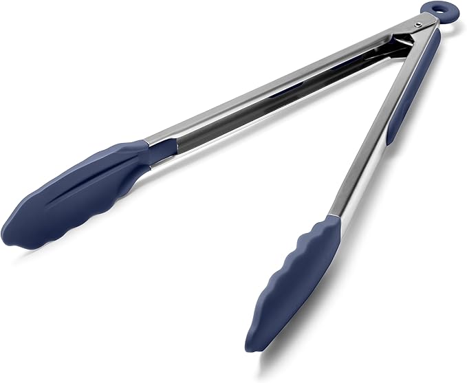 Doosu Kitchen Tongs with Silicone Tips for Cooking Serving (12in, Navy) | 600°F Heat Resistant Food Tong, Heavy Duty Stainless Steel Locking Tong for BBQ, Grilling Steak, Salad, Toast, Pasta
