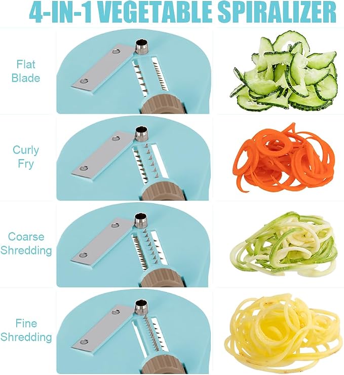 Badelite Vegetable Spiralizer 4-IN-1 Rotating Blade Veggie Spiralizer Zucchini Noodle Maker with Strong Suction Cup Spiral Vegetable Cutter Slicer - Blue