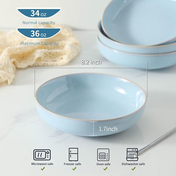 Ceramic Patsa Bowls, 34 oz Salad bowl Set of 4, Stoneware Serving Bowl for Eating, Salad, Rice, Cereal, Kitchen, Serving, Plate Bowls Set, Microwave & Dishwasher Safe, Skyblue