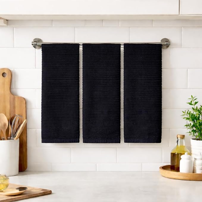 Black Kitchen Hand Dish Towels, Set of 3, 100% Cotton, 18" x 28" | Terry Loop Ribbed Textured, Soft & Absorbent Cleaning Cloth, Quick Dry, Multipurpose for Everyday Use