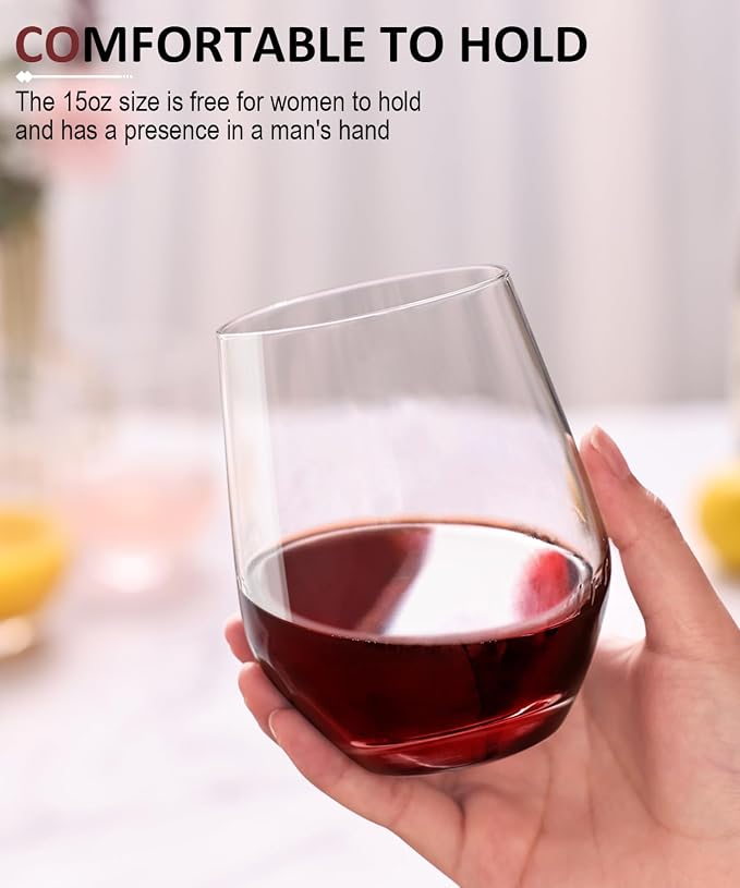 OJA Wine Glasses Set, Crystal Stemless Red Wine Glass, Set of 6, 15 oz | No Stem, Clear, Sturdy Drinking Glass for White Wine, Daily Use, Birthday, Wedding, Home Party, Anniversary, Shower Gift