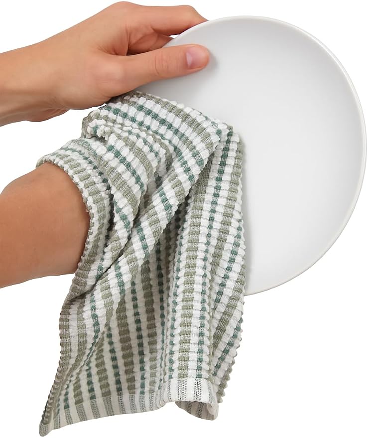 Sage Green Kitchen Dish Towels- Set of 3 100% Cotton Soft Cleaning Drying Absorbent Textured Terry Loop- Oversized 28" x 18" Multipurpose Towels for Everyday Use