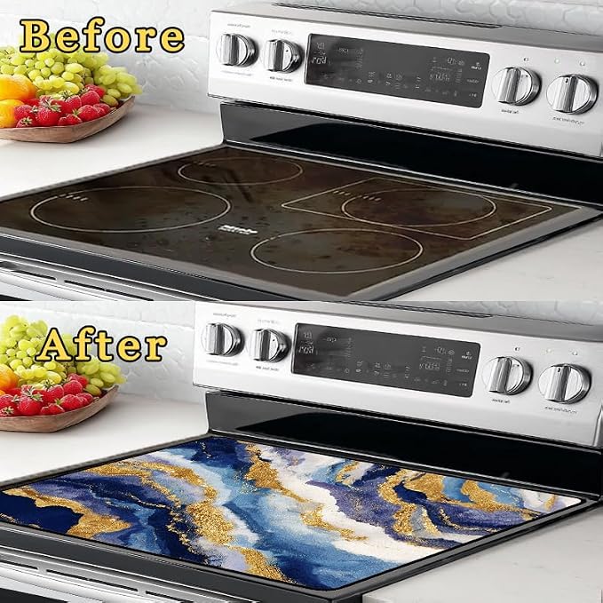 Blue Golden Marble Glass Stove Top Cover Protector,Heat Resistant Range Ceramic Stove Top Covers Mat,Abstract Pattern Cooktop Protector,Beautiful Glass Cooktop Protector