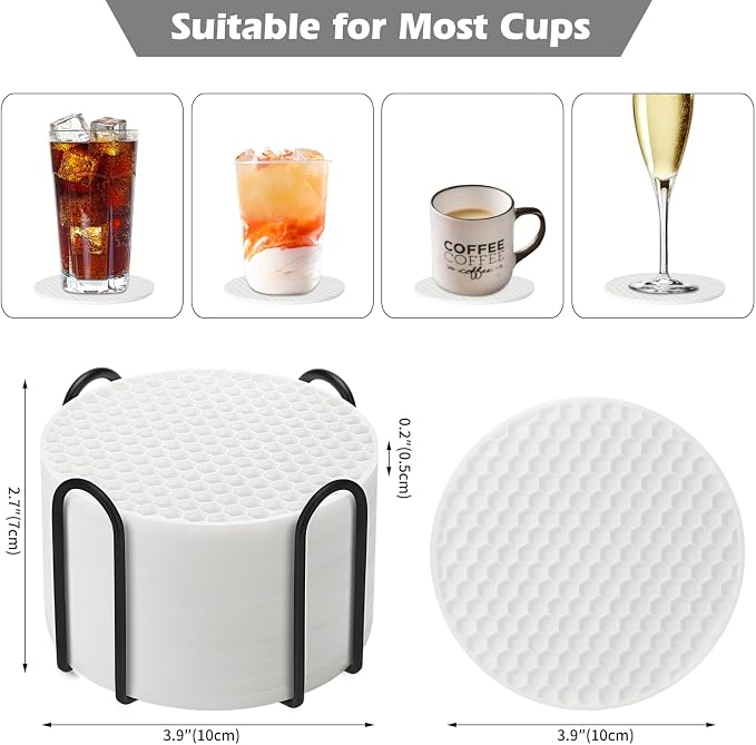 TWTLi Silicone Coasters Set of 12 with Holder — Non-Slip Drink Coasters for Coffee Table, Home Bar & Kitchen, Protects Wood & Marble Surfaces from Water Rings, Dishwasher Safe (White)