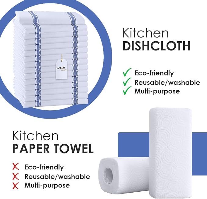 Dish Towels 15 Pack Blue Stripe 100% Cotton Kitchen Towel 15x25 Inch Tea Towels, Dish Cloths for Washing Dishes, Kitchen Rags for Drying Dishes