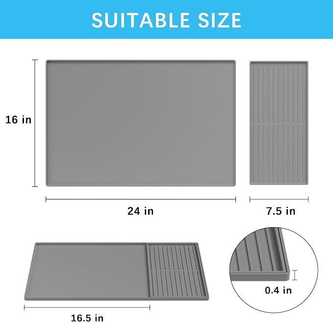 Golener Coffee Bar Mat Set, Silicone Coffee Mat with Raised Edges, 24"x16" | Coffee Mat for Countertop, Waterproof Coffee Station Mat, Dish Drying Mat Under Rack, Heat Resistant Coffee Machine Mat, Gray