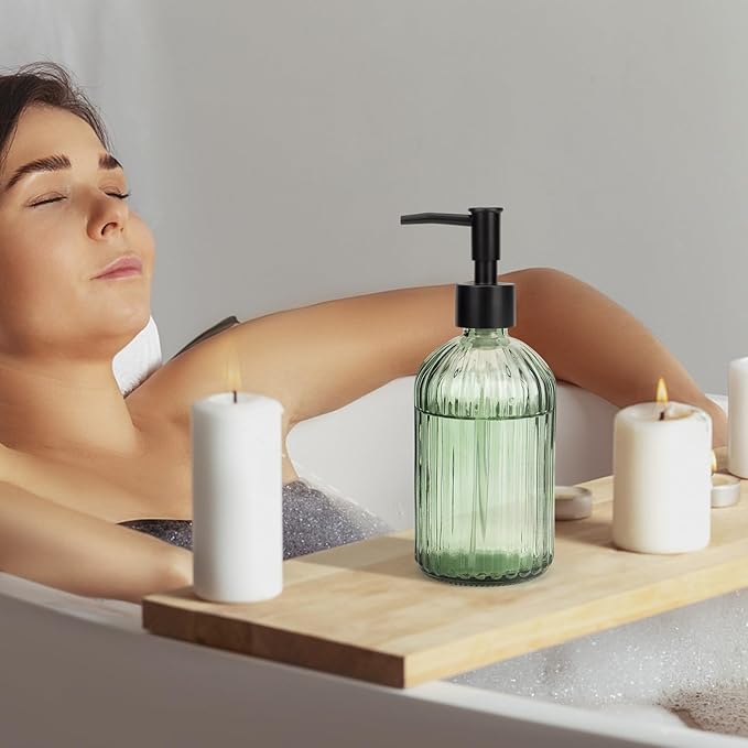Topsky Glass Soap Dispenser with Black Plastic Pump, 400ml Army Green | Refillable Liquid Hand Soap Dispenser, Rustproof Pump for Kitchen & Bathroom, Great for Lotions, Essential Oil, Liquid Soaps