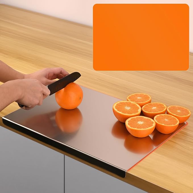 HUAKENER Large Stainless Steel Cutting Board for Kitchen, with Silicone Mat | Cutting Board with Counter Lip, Cutting Board with Silicone Mat for Meat, Fruits, Vegetables, Bread (15.7 x 11.8 Inch)
