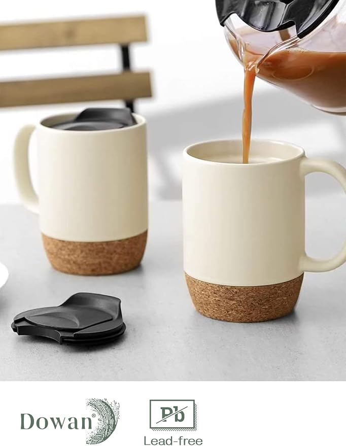 DOWAN Coffee Mugs Set of 2, 15 OZ Ceramic Mug with Cork Bottom and Splash Proof Lid, Large Coffee Cup with Handle for Tea Latte, Beige