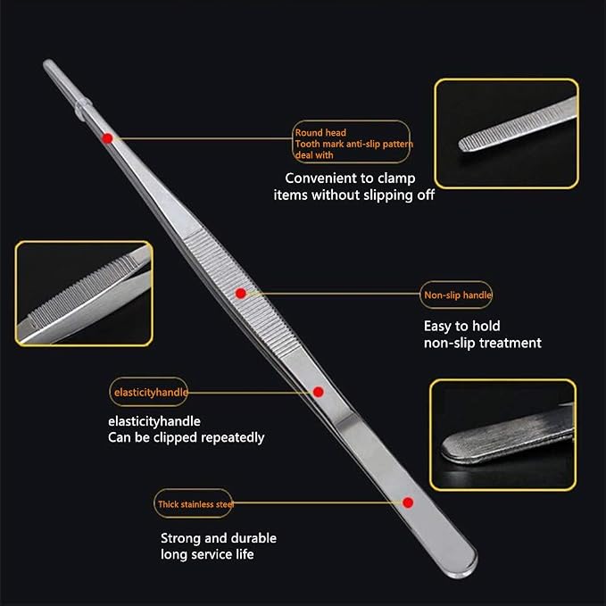 Aniso Long Tweezers, Stainless Steel, 12 Inches | Precision Serrated Tip, Cooking Tweezers Tongs， For Barbecue, Hand-Made，Steaks, Bread, Pizza, Salads