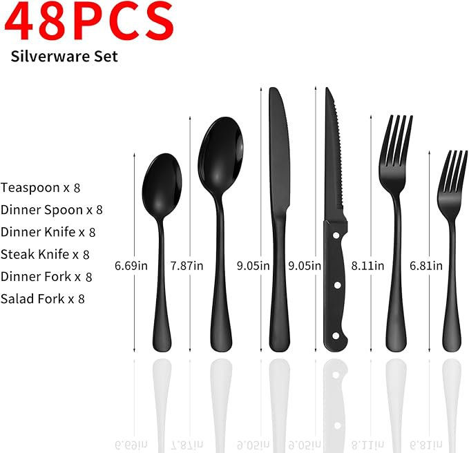 48-Piece Black Silverware Set with Steak Knives Black Stainless Steel Flatware Set for 8 Food Grade Tableware Cutlery Set Rust-proof, Mirror Polished, Dishwasher Safe