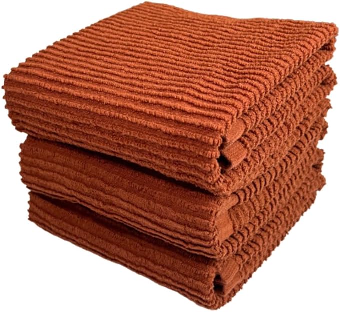 Cinnamon Maroon Rust Kitchen Dish Towels, Set of 3, 100% Cotton, 18" x 28" | Terry Loop Ribbed Textured, Soft & Absorbent Cleaning Cloth, Quick Dry, Multipurpose for Everyday Use