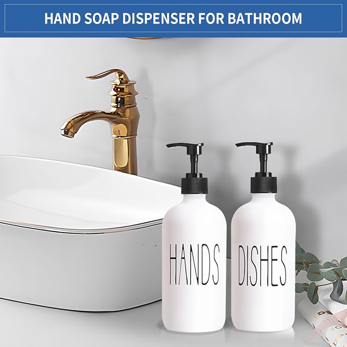 COHOSEGE 16 Oz Glass Soap Dispenser Set 2 Pack for Kitchen Sink,Contains Hand and Dish Soap Dispenser,White Kitchen Utensils